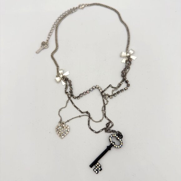 Betsey Johnson Layered Necklace Key Heart Pendants Rhinestones Bow Accents - Picture 12 of 15